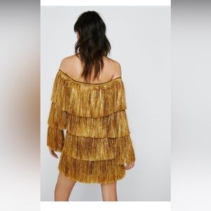 NWT Nasty Gal Bardot Fringe Gold Dress Size 10